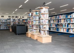 Interior of Endeavour Hills Library showing shelving with books