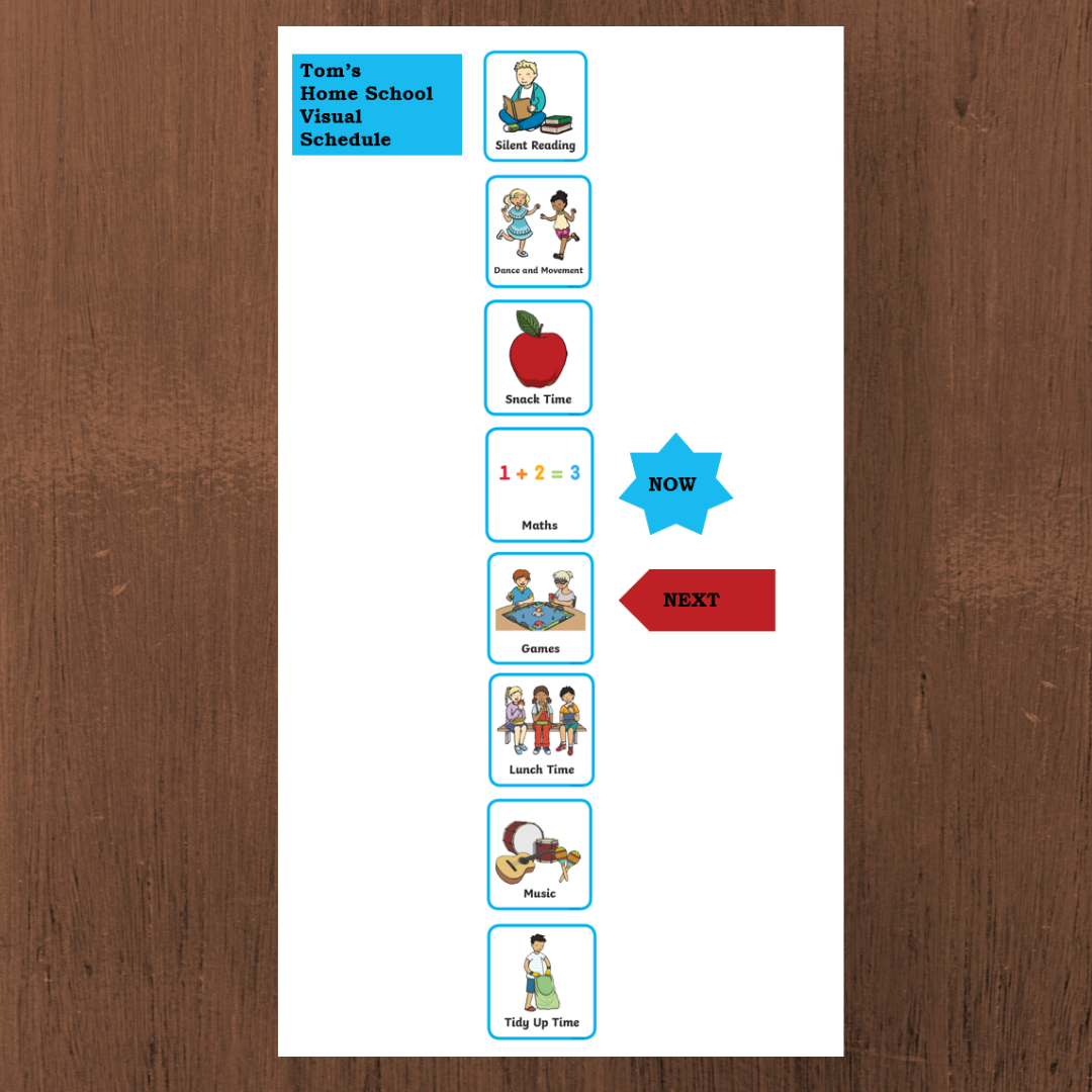 Visual schedule with white background and a row of pictorial images down the page showing the homebased learning activities of the day