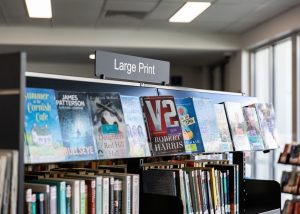 Large print book collection and signage at Kangaroo Flat Library