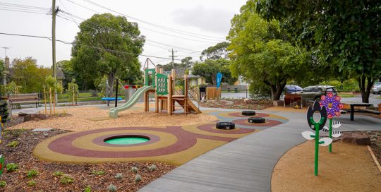Westerfield Playspace with play unit, slide, ingrojnd trampoline, musicall typer bouncers and basket swing
