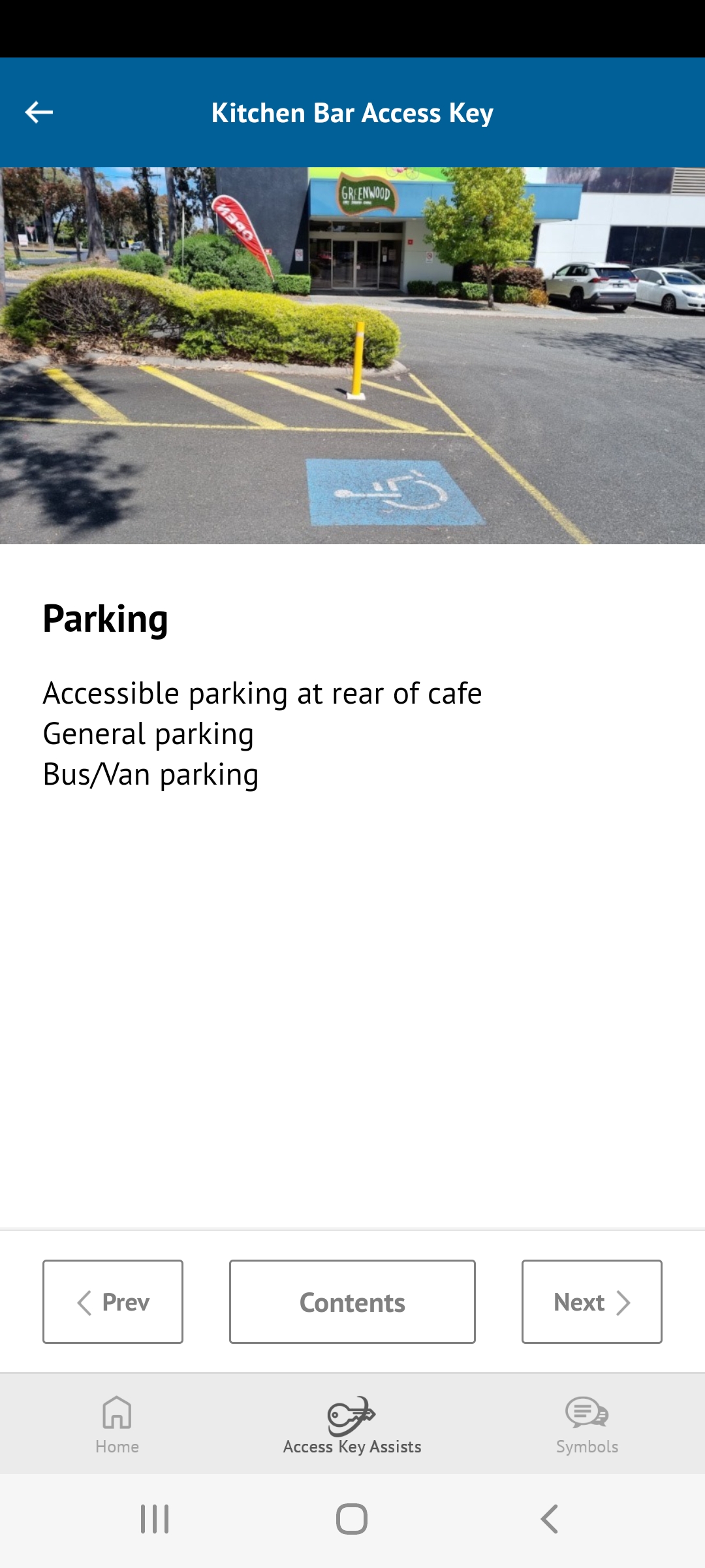 Scout+ app accessible parking screen for Kitchen Bar Cafe