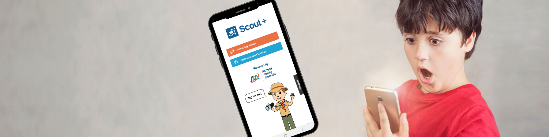 Mobile phone displaying Scout+ app homescreen and young boy holding another mobile phone with an expression of surprise on his face