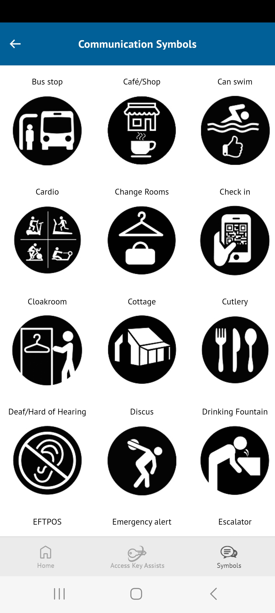 Scout+ app communication symbol screen showing various visual black and white symbols