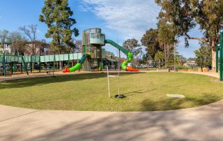 Lake Weeroona Playspace with grassed area and play tower