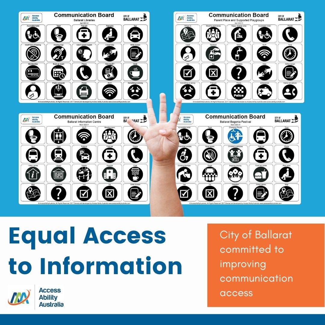 Light blue background. Four visual communication boards in a grid. Hand holding up four fingers. Text - Equal Access to Information. City of Ballarat committed to improving communication access. Access Ability Australia logo