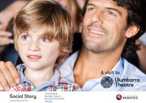 Front cover of Ulumbarra Theatre Social Story with father and son sitting in theatre watching a show