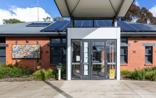 Exterior of Broadford Living & Learning Centre with main entrance glass doors