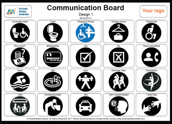 Design One - $275 (GST inclusive)<br>Ideal for facilitating initial communication between staff and visitors or for use within programming<br> Available in full colour or black and white<br> Features 20 symbols <br>Digital board<br> Delivery of an A3 hardcopy printed on durable corflute<br> Additional customised symbols are charged at $40 each (ex GST) and invoiced separately after purchase order received