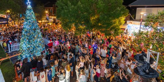 Light Up Windsor Street Fair with event attendees gathered around a large Christmas tree